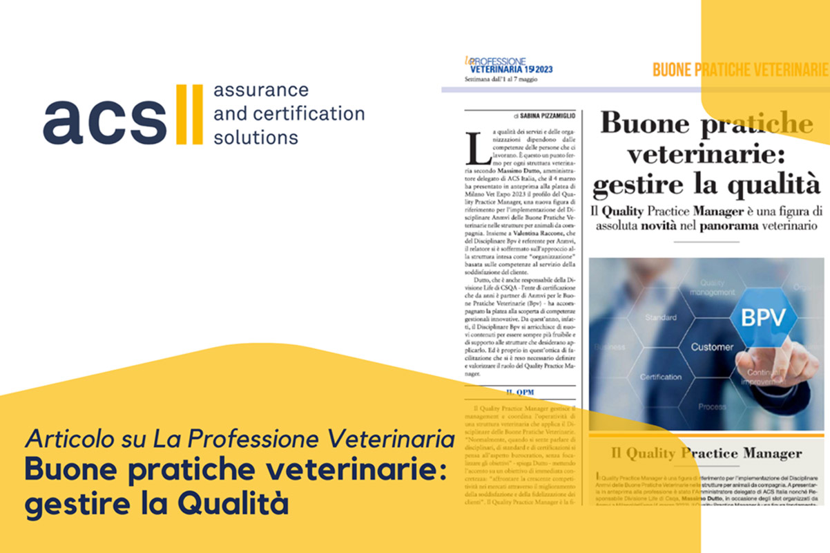 ACS Italia certifica le Buone Pratiche Veterinarie